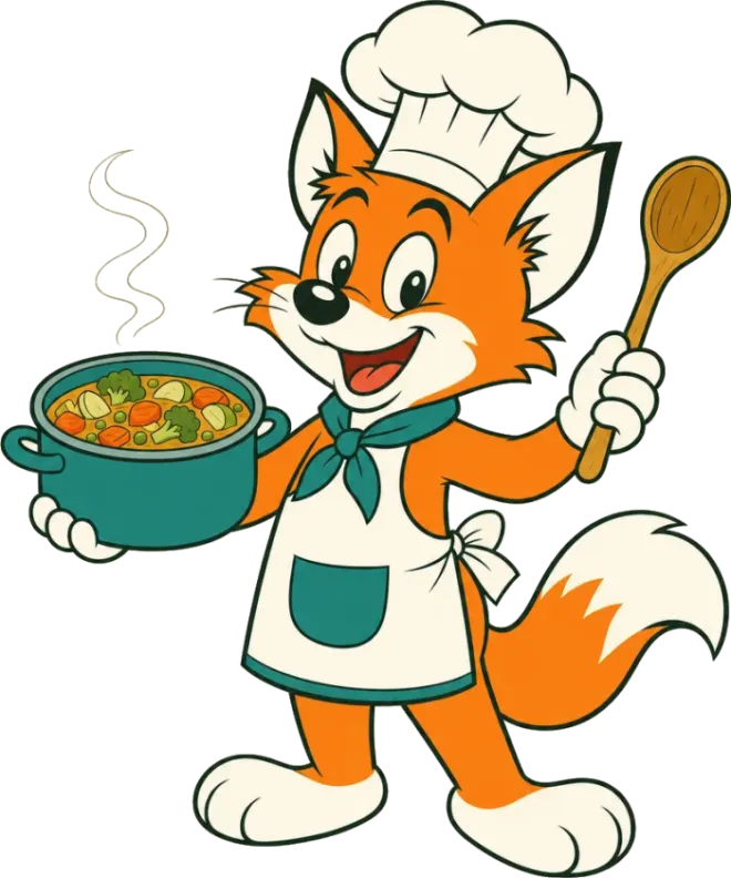 Vossy, unser Koch-Fuchs, mit einem Topf frischer Gemüsesuppe