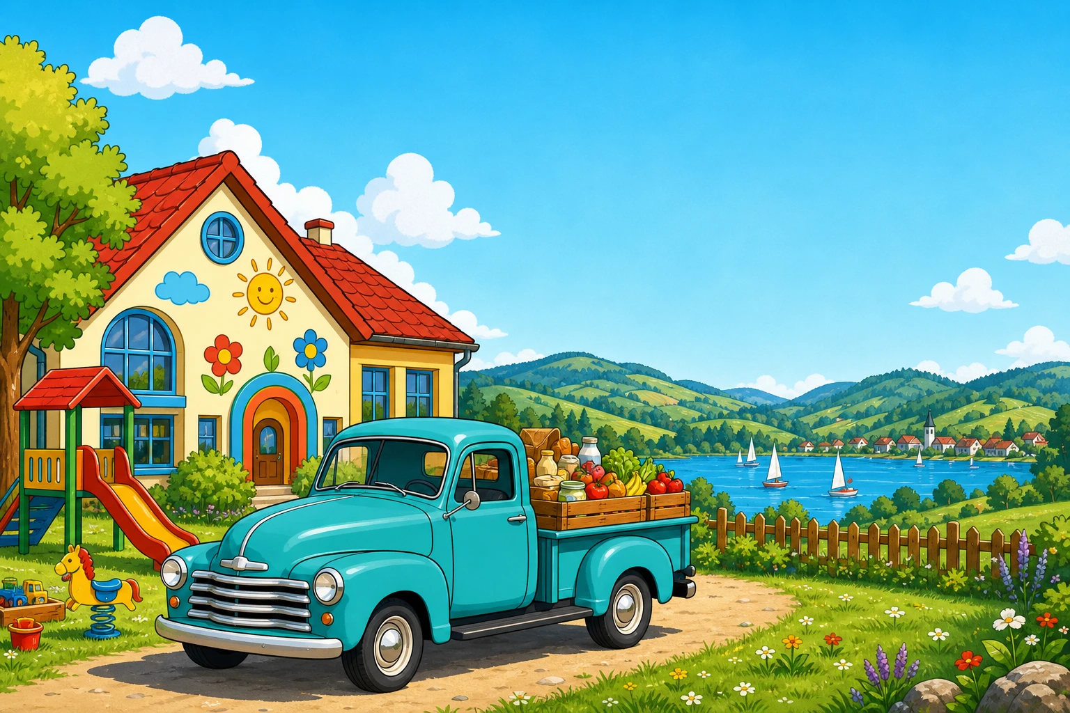 Cartoon: türkiser Kientaler-Lieferwagen mit frischem Essen vor einer fröhlichen Kita im Fünfseenland