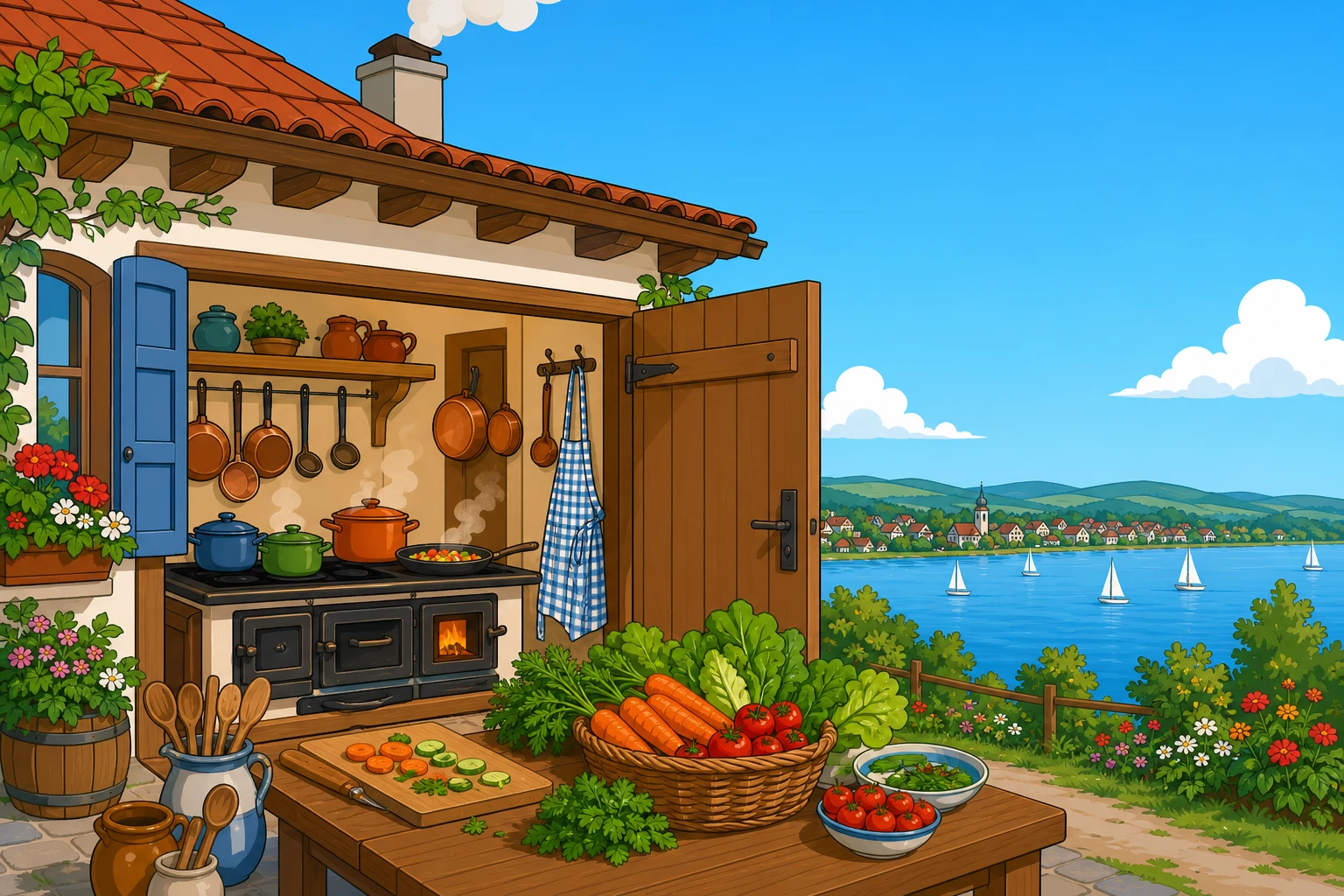 Cartoon: Kientaler Landküche im Fünfseenland mit frischem Gemüse, Kräutergarten und Blick auf den See
